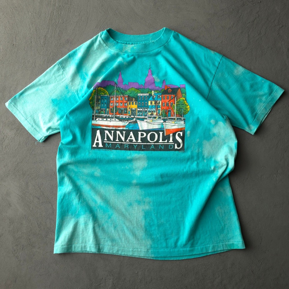 Vintage 1990s T-shirt XL Teal Annapolis Maryland Bleach Wash Hanes